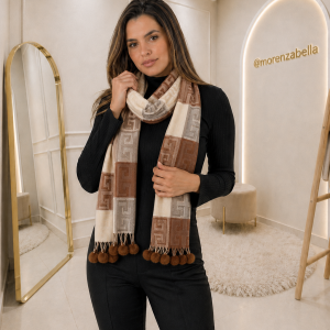 Cachecol Feminino Geométrico Bege e Caramelo com Pompons