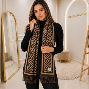 Cachecol Feminino Geométrico Preto e Nude com Franjas