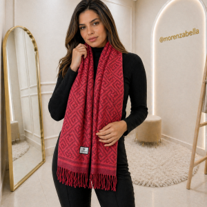 Cachecol Feminino Geométrico Vermelho com Franjas