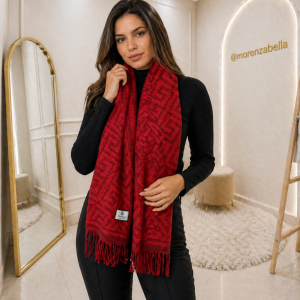 Cachecol Feminino Geométrico Vermelho e Preto com Franjas