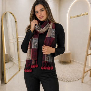 Cachecol Feminino Xadrez Bordô com Pompons